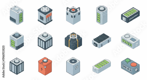 Collection of Futuristic Isometric Battery Icons.