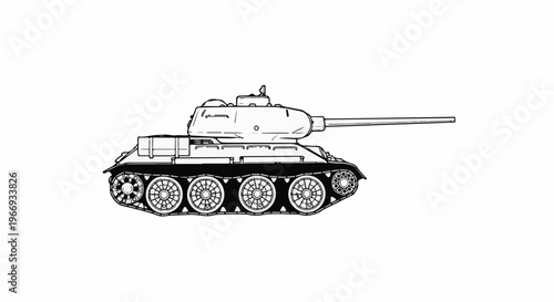 Detailed line drawing of a vintage military tank on white background