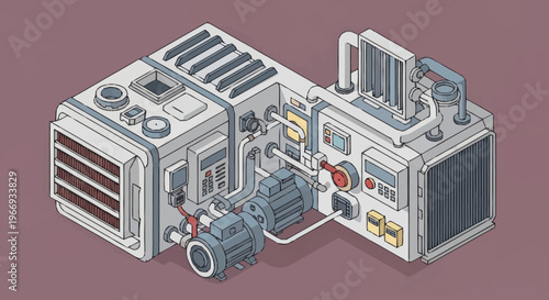 Isometric illustration of complex industrial machinery unit.