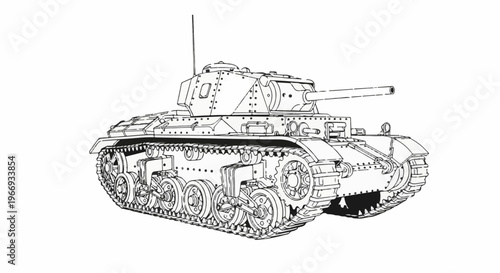 Detailed line drawing of a vintage military tank with intricate tracks and turret