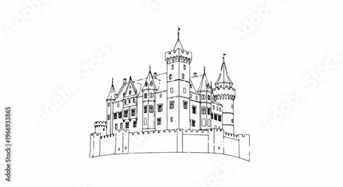 Detailed line drawing of an imposing medieval castle with multiple towers and crenellated walls