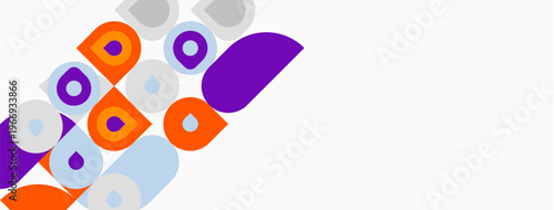 Abstract geometric shapes, orange, purple, light blue. Diagonal composition creates dynamic visual interest. Minimalist design, clean aesthetic.