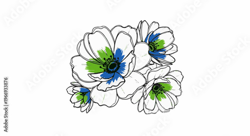 Delicate line art bouquet of white flowers with blue and green accents