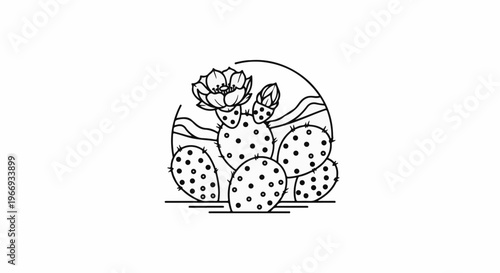 Delicate line art depicts a prickly pear cactus blooming under an oval sky