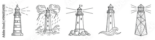 Various hand drawn lighthouses providing coastal guidance and safety for ships in different weather conditions, suitable for nautical and marine themed projects