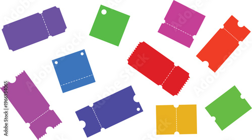 Scattered collection of colorful blank admission tickets and event coupons on a white background.