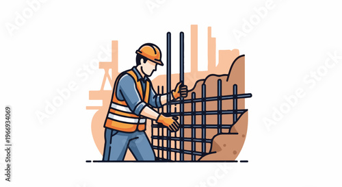 Construction worker assembling rebar at building site