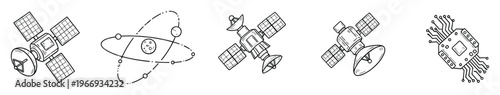 Outline drawings of technology and science elements including various satellites and a microchip alongside an atomic structure, perfect for educational materials, scientific publications,
