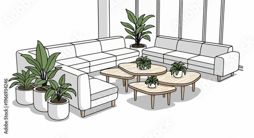 Contemporary living room with white sectional sofa, coffee tables, and potted plants