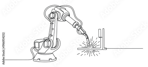 Continuous line drawing of an advanced robotic arm performing precision welding with bright sparks, symbolizing automation and industrial innovation for technology presentations
