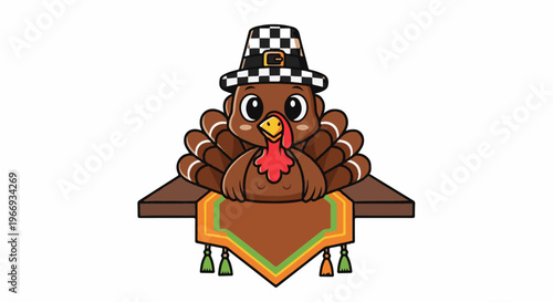 Cute cartoon turkey wearing a pilgrim hat on a decorated table