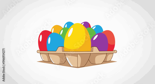 Colorful Easter eggs nestled in a brown carton with a soft, textured background