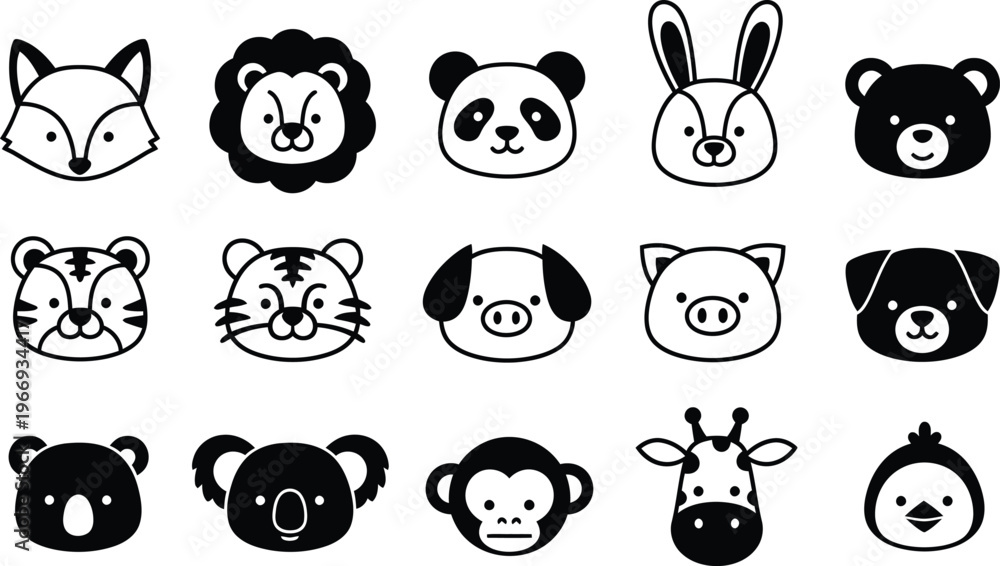 Fototapeta premium Collection of Simple Black and White Animal Faces Icons.