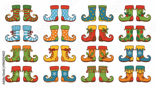 Cute Cartoon Elf Boots Collection Colorful Christmas Fantasy Illustration