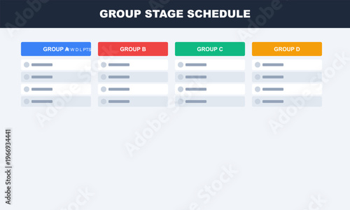 Hand-drawn group stage schedule chart for sports tournament with colorful headers showing four distinct team brackets authentic illustration