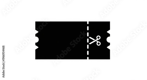 A black and white vector graphic of a ticket with scissors cutting it in half