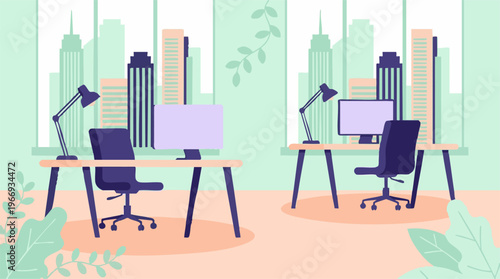 Modern Office Interior with Two Workstations and City View Illustration