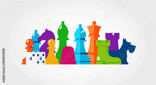 Colorful game pieces, including dice, chess figures, and a dog silhouette