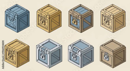 Collection of Isometric Wooden and Metal Treasure Chests.