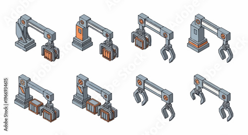 Set of Industrial Robotic Arms in Isometric View.
