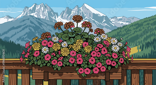 Colorful mountain flowers bloom vibrantly on a wooden balcony railing
