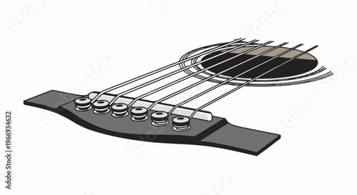 Close-up of acoustic guitar bridge, strings, and soundhole detail