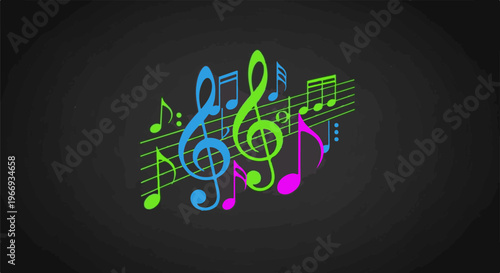 Colorful musical notes and clefs arranged on a dark background