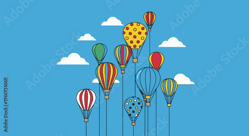 Colorful hot air balloons ascend into a bright blue sky with white clouds