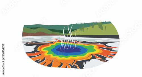 Colorful hot spring erupts with steam surrounded by serene hills and trees