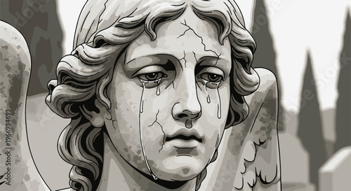 Close-up of a sad, cracked stone angel statue weeping tears