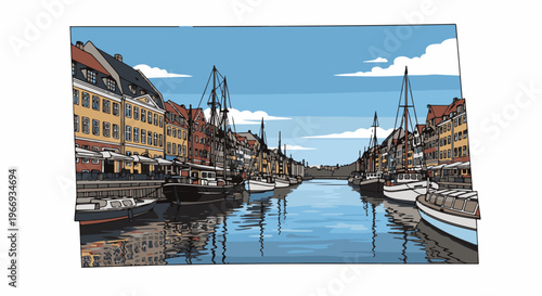 Colorful old European waterfront buildings with boats docked in a canal