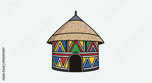 Colorful hut with thatched roof and geometric patterns