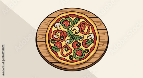 Colorful illustration of a pizza with fresh toppings on a wooden board