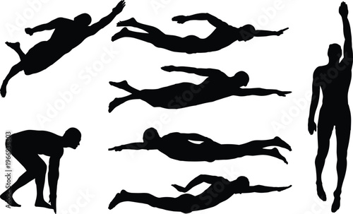 Collection of Swimming Pose Silhouettes Set Isolated on White Background