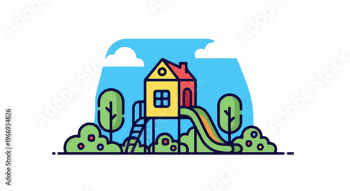 Colorful playhouse with slide and trees under a blue sky