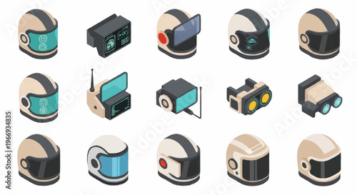 Isometric Futuristic Helmets and Technology Gadgets Collection.