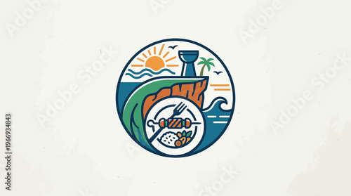 Coastal Food Logo Featuring Waves Sunset and Grilled Food