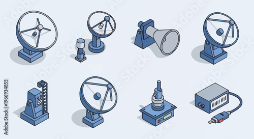 Collection of Isometric Scientific and Communication Devices.