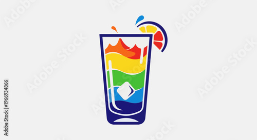 Colorful layered drink in tall glass with ice and citrus slice garnish