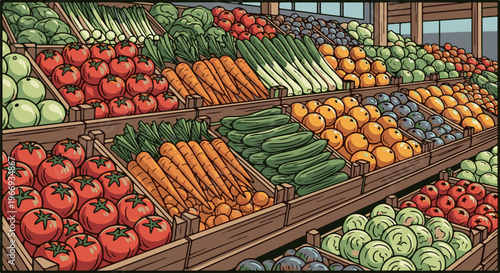 Colorful produce display in wooden crates at a grocery store