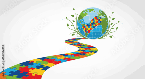 Colorful puzzle path leads to globe with puzzle band and green foliage