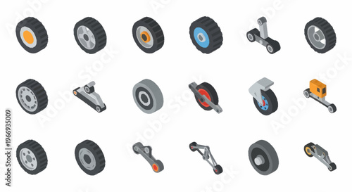 Collection of Car Parts and Wheels in Isometric View.