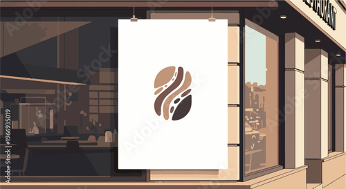 Coffee shop window displays a stylized coffee bean logo on a white poster