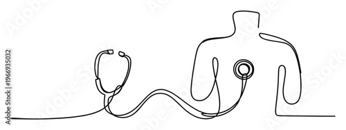 Continuous line drawing of a stethoscope examining a stylized human body torso, symbolizing medical examination and heart health for healthcare and wellness promotions.
