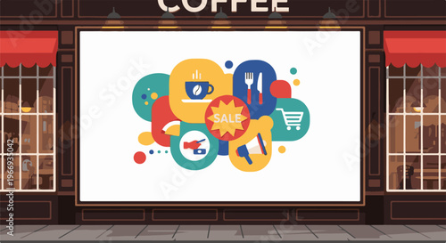 Coffee shop window display with colorful sale and shopping icons