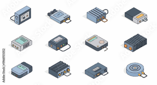 Collection of Vintage Electronic Devices in Isometric View.