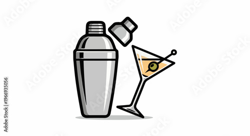 Cocktail shaker and martini glass with olive