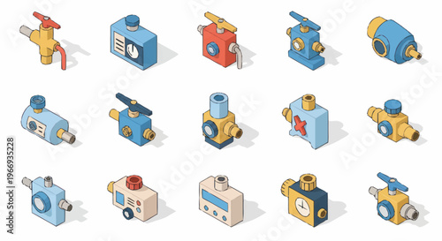 Collection of Isometric Industrial Valves and Fixtures.