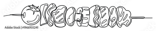 Continuous line drawing of a chicken skewer forming the word CHICKEN, a unique and engaging visual for food branding, restaurant promotions, or cooking website headers.