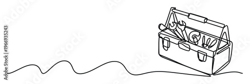 Minimalist single line depiction of a repair kit with various hand tools, ideal for showcasing home improvement services, maintenance solutions, or workshop concepts.